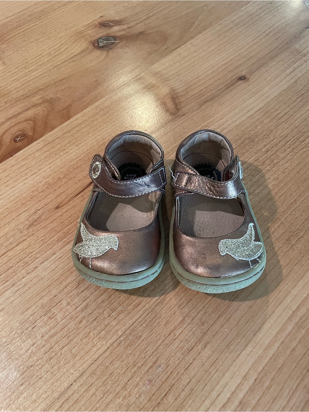 Livie & Luca Metallic Rose Gold Mary Janes with Glitter Bird Appliqués
